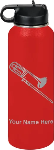 Vista 8 de LaserGram Botella de agua personalizada, trombón, acero inoxidable de doble pared aislada al vacío con popote superior, regalo grabado personalizado