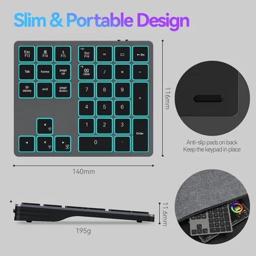 Vista 8 de Doohoeek Teclado numérico Bluetooth retroiluminado para computadoras portátiles y computadoras, almohadillas numéricas de 34 teclas con Gris