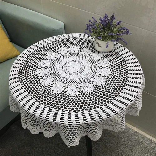 Vista 8 de Hetao Mantel redondo de ganchillo 100% algodón hecho a mano tapetes de encaje cubiertas de mesa, beige, 27 pulgadas