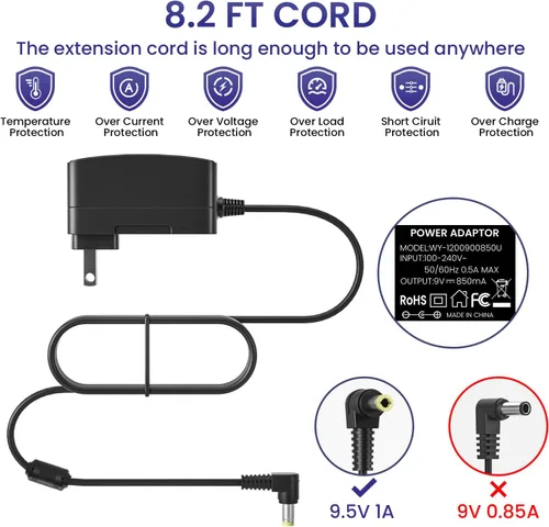 Vista 4 de Adaptador CA/CC de 9.5 V para cargador de fuente de alimentación Casio para teclado de piano Casio, solo compatible con los modelos enumerados