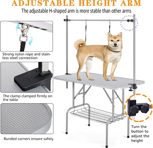 Vista 3 de Mesa profesional de aseo para perros y mascotas, ajustable, resistente, portátil, con brazo y lazo y bandeja de malla (gris, 36 pulgadas)