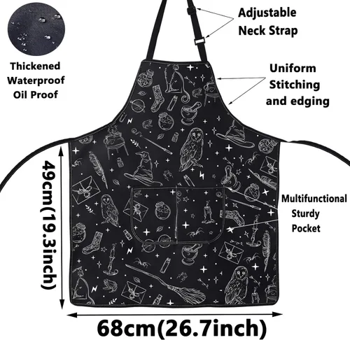 Vista 2 de WZMPA Delantal de cocina de mago mágico con bolsillos, regalo de bruja espeluznante, delantal ajustable gótico mágico para cocinar, hornear a