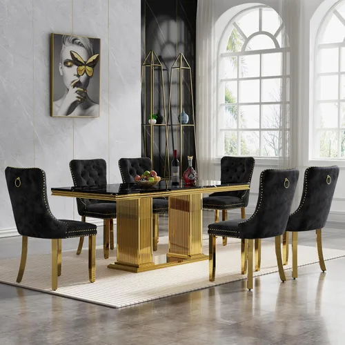 Vista 9 de Juego de mesa de comedor de 5 piezas para 4, mesa de cocina de mármol negro de 68 pulgadas con 4 sillas beige, mesa de comedor rectangular moderna