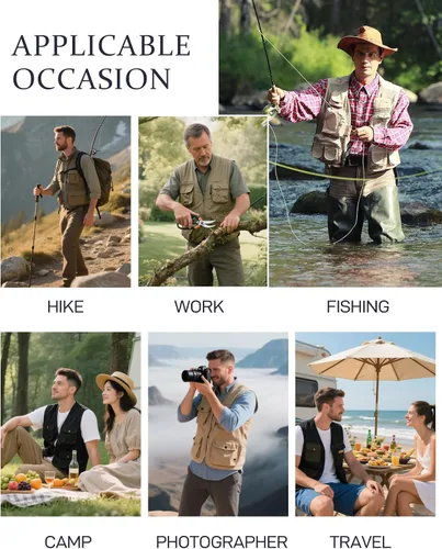 Vista 5 de Chaleco Flygo para hombre, para pesca, trabajo, safari, viaje de reportajes o para actividades al aire libre en verano, con bolsillos