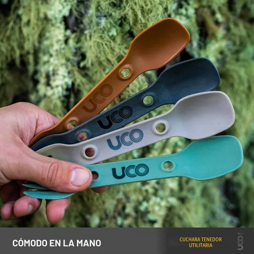 Vista 6 de UCO Utility Spork 3 en 1 Combo Cuchara-Tenedor Cuchillo Utensilio Dorado/azul cielo