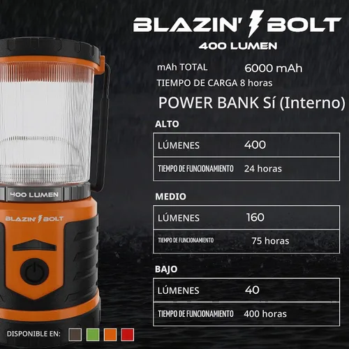 Vista 2 de Linterna recargable USB resistente de Blazin Bolt Banco de energía de 6000mAh 400 lúmenes 400 horas de luz 6 modos Para camping