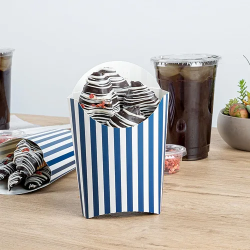 Vista 6 de Restaurantware Bio Tek - Taza de papas fritas desechables de 4.7 x 3.5 x 5.1 pulgadas, 100 vasos desechables para refrigerios, papel azul y blanco