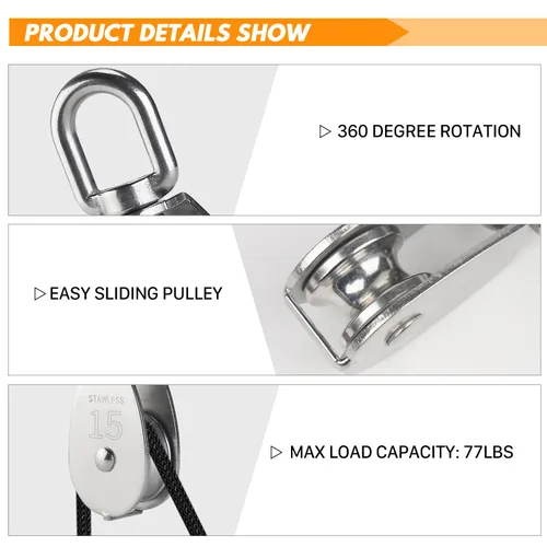 Vista 3 de LAIWOO M15 Kit de Sistema de Poleas de Acero Inoxidable - Rueda de Polea de Servicio Pesado, Bloque de Polea con Cuerda de Nylon, Ganchos, Placa