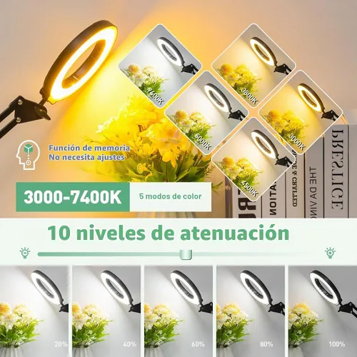 Vista 4 de 12 lupas con luz, lámpara de escritorio LED ultra larga de 3 secciones con brazo oscilante con abrazadera grande, 5 colores y brillo, lupa manos