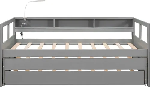 Vista 7 de DEINPPA Sofá cama individual XL de triple capa con cubos de almacenamiento y luz de lectura, cama nido de madera con dos nidos adicionales
