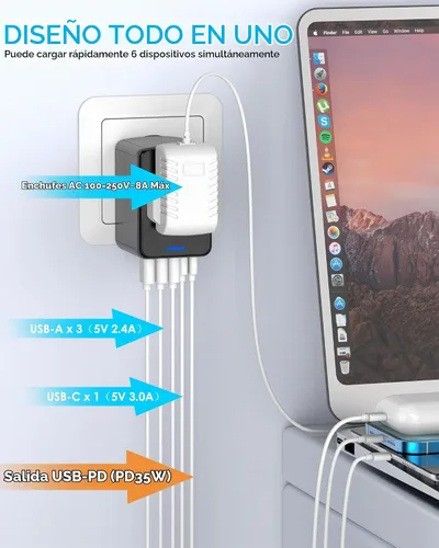 Vista 3 de Adaptador de viaje universal, carga rápida PD de 35 W, 5 puertos USB C PD35W-3A2C-negro+plata