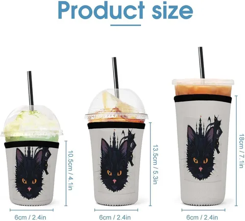 Vista 2 de Abstract Kitty Reusable Insulated Neoprene Iced Coffee Cup Sleeves 3 Sizes Diving Material Cup Durable Beverage Covers for Cold Coffee Tea Drinks