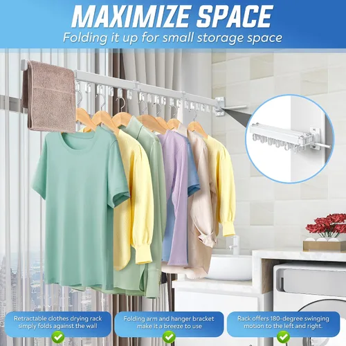 Vista 3 de ZOFGENOW Tendedero de Ropa de Pared Plegable, Retráctil y Colapsible (Tri-Pliegue) de Aluminio que Ahorra Espacio para Uso Interior y Exterior