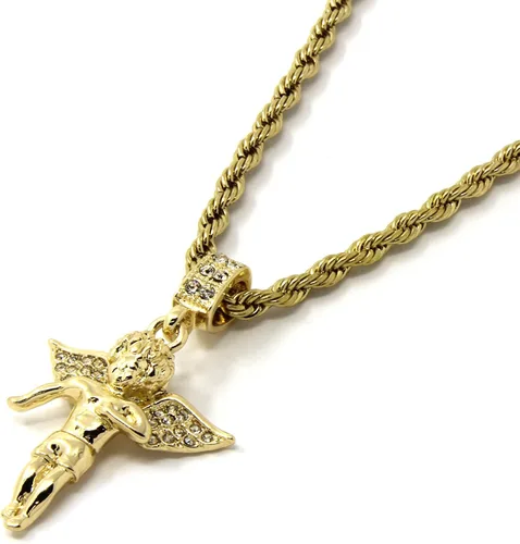 Vista 3 de Conjunto cadena estilo cordón D463 de 24" y 30" y colgante estilo Hip-Hop de CZ, conjunto de rubí colgante y ángel dorados para hombre