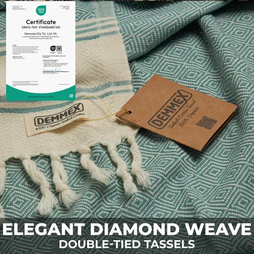Vista 7 de DEMMEX Organic Diamond - Toalla turca de baño y playa 100% algodón turco certificado Oeko-TEX, ultra suave, de secado rápido, ligera, compacta