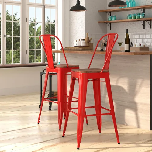 Vista 12 de Merrick Lane Amsterdam Taburete de bar – Silla de bar de metal negro antiguo con asiento de madera – Taburete de cocina con respaldo curvado