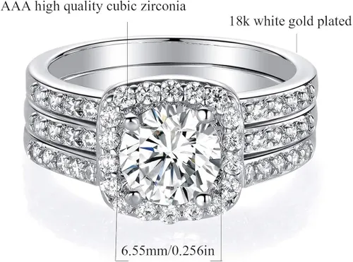 Vista 2 de MDFUN Anillo de compromiso de boda con circonita cúbica chapada en oro blanco de 18 quilates con halo tres en uno, para mujer, Oro blanco