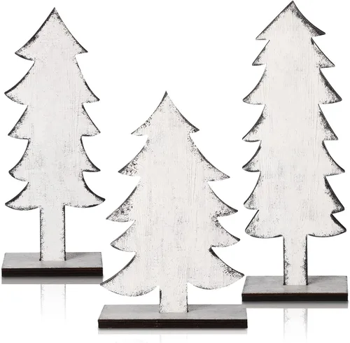 Vista 7 de Meooeck 3 piezas de árboles de Navidad de madera verde, blanca y roja, decoración rústica de Navidad, centros de mesa para mesas con base