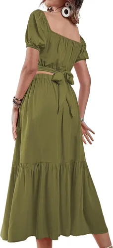 Vista 2 de LYANER Conjunto de 2 piezas para mujer, conjunto de falda larga con volantes y lazo cruzado