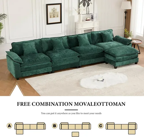 Vista 222 de Sofá seccional modular verde de 111.5", sofás seccionales grandes de 3 plazas para sala de estar, sofá nube oversized de tela chenille con otomana
