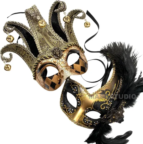 Vista 5 de MASQSTUDIO - Máscara de mascarada para parejas, Jolly Jester Cosplay Mardi Gras baile baile fiesta de cumpleaños o decoración