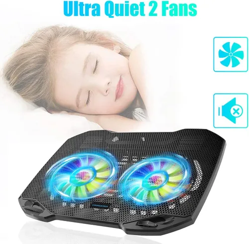 Vista 2 de LIANGSTAR Almohadilla de enfriamiento para laptop, enfriador de laptop para juegos con 2 ventiladores grandes silenciosos, cambio de luz RGB de 7