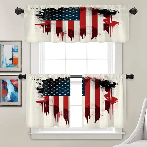Vista 99 de Batmerry American Flag Ink Dot Blackout Tier Curtains, Red Blue White Stars Abstract Thermal Insulated Half Curtain Rod Pocket Small Valance for