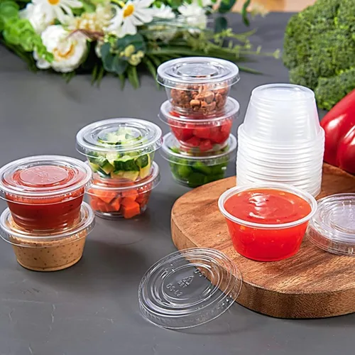 Vista 6 de [2 oz- 100 juegos] Vasos de plástico transparente con tapas, tazas de soufflé sin BPA