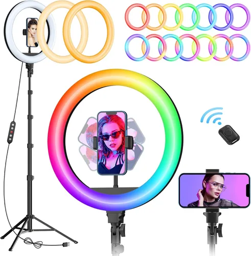 Vista 9 de TODI Anillo de luz de 12 pulgadas con soporte de trípode extensible de 63 pulgadas, anillo de luz para selfie con soporte para teléfono y control