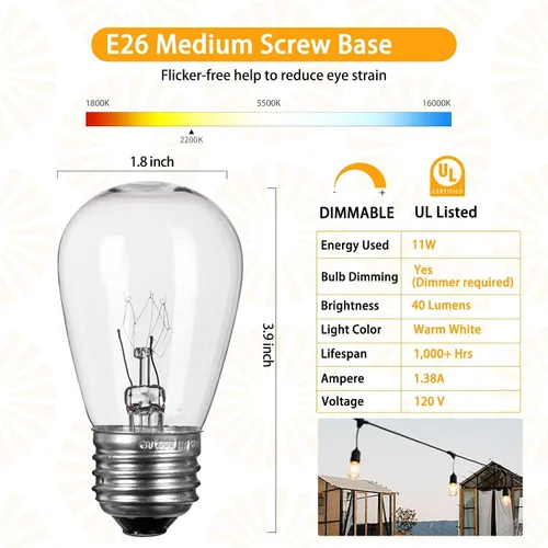 Vista 2 de Minetom Bombillas incandescentes Edison S14, paquete de 20 unidades, 11 W, blanco cálido Base E26, bombillas de repuesto para tiras de luces