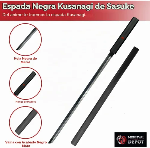 Vista 3 de MedievalDepot Sasuke Kusanagi Espada Negra – Total 40" – Hoja de acero completa con acabado mate, funda y mango de madera – Exhibición inspirada