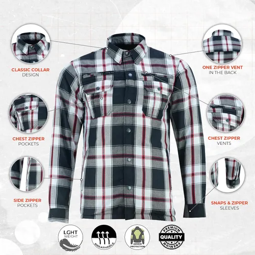 Vista 4 de Camisa de Motociclista para Hombre Daniel Smart Plaid Biker Chaqueta de Franela Desmontable Deportiva Blindada, Cierre con Cremallera y Resistente