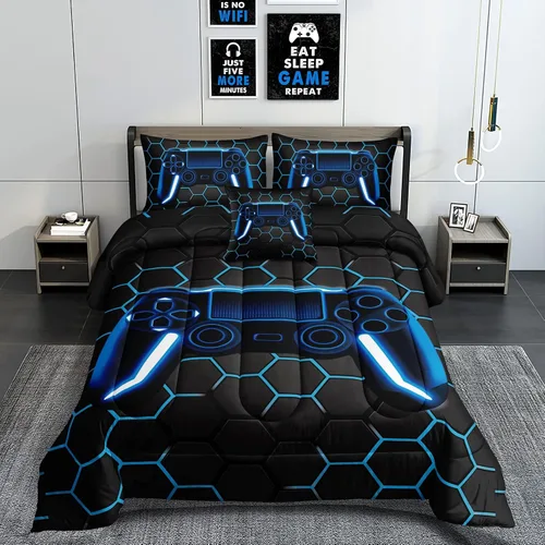 Vista 8 de ROWADALO Juego de ropa de cama de 5 piezas para niños, juego de edredón para niños jugadores, tamaño individual, juego de edredón de videojuegos