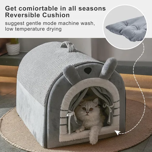 Vista 4 de Jiupety Casas para gatos de interior, cama cueva con diseño de cortina de puerta, bonitas camas portátiles con cojín reversible lavable, tamaño S
