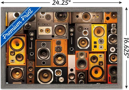 Vista 3 de Trends International Póster de pared con altavoz retro, 14.725 x 22.375 pulgadas, versión enmarcada de madera de granero