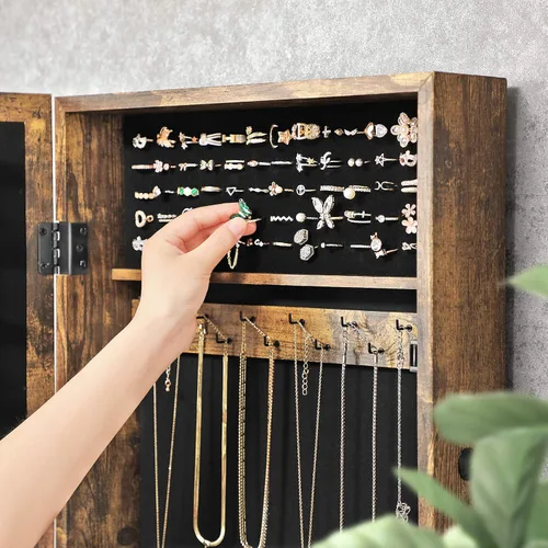 Vista 7 de SONGMICS Armario de joyería con cerradura con espejo, organizador de almacenamiento de joyas para ahorrar espacio montado en la pared, color marrón