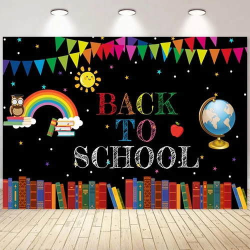 Vista 17 de Telón de fondo de pizarra negra para el regreso a clases, fondo de fotografía para el primer día de escuela, accesorios para cabina de fotos