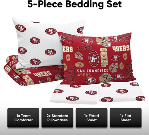 Vista 3 de FOCO Juego de ropa de cama unisex para adultos con logotipo del equipo de la NFL, sábanas y fundas de almohada, juego de ropa de cama de 5 piezas