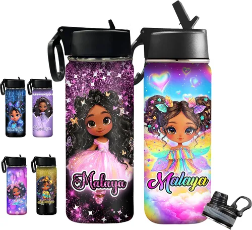 Vista 13 de InterestPrint Botella de agua personalizada para niños de 18 onzas con tapa de pajilla, botella de agua aislada de doble pared de acero inoxidable