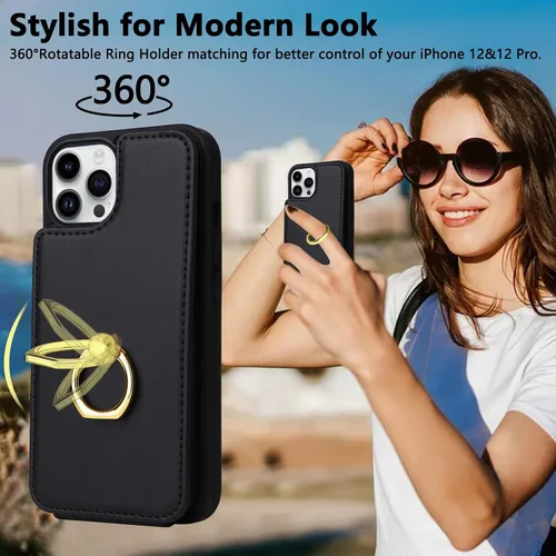 Vista 3 de Funda tipo cartera para iPhone 12 y 12 Pro con soporte para tarjetas, rotación de 360°, soporte de anillo de dedo con función atril, protección