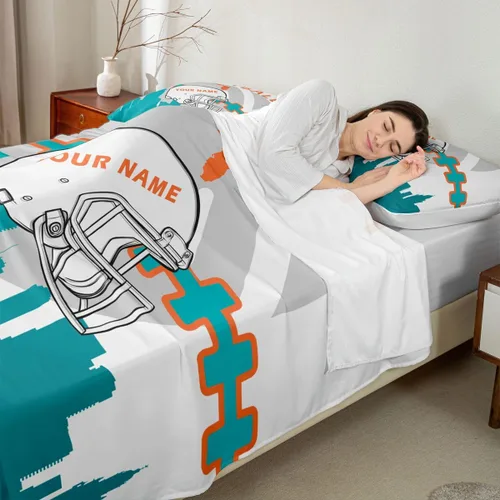 Vista 3 de Erosebridal Juego de cama matrimonial personalizado para niños, amantes del fútbol americano, sábana bajera ajustable con 2 fundas de almohada Miami