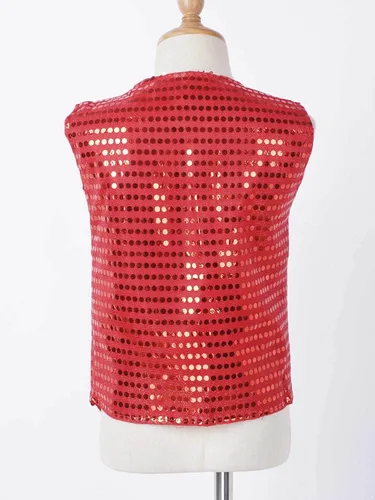 Vista 5 de TiaoBug Chaleco de lentejuelas para niños y niñas, chaleco de fiesta de coro, chaqueta de hip hop, jazz, danza callejera, camiseta con sombrero