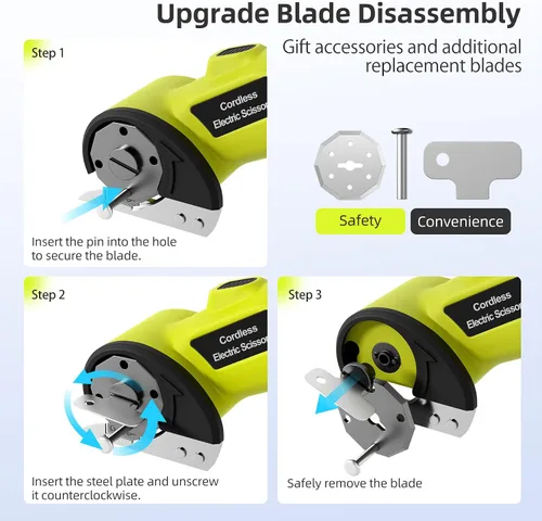 Vista 8 de Cortador eléctrico inalámbrico, cortador de tijeras recargable de 4 V con 2 cuchillas giratorias, cable USB, bolsa de almacenamiento, bloqueo
