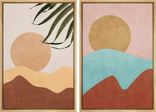 Vista 133 de SIGNFORD Lienzo enmarcado para pared, juego de arte geométrico retro de mediados de siglo, plantas forestales, ilustraciones con formas abstractas