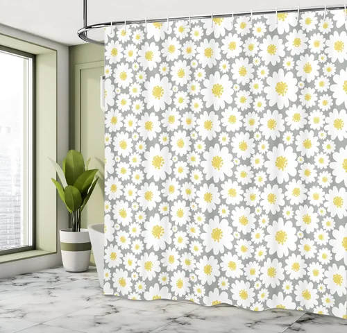 Vista 4 de Ambesonne Cortina de ducha floral, diseño de margaritas con diseño de caricaturas para temporada de primavera, juego de decoración de baño de tela