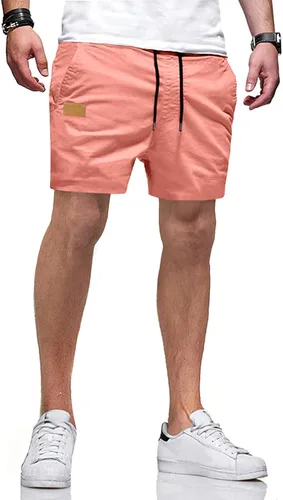 Vista 18 de JMIERR Pantalones cortos casuales de algodón con cordón de verano para la playa de sarga elástica chino golf corto con bolsillos Beige
