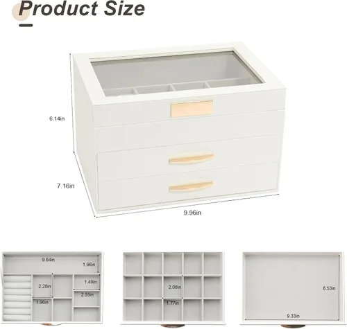 Vista 5 de V-LAFUY Joyero con tapa de vidrio, caja organizadora de joyas de 3 capas y 2 cajones, vitrina de joyería, organizador de joyas, cajas de joyería