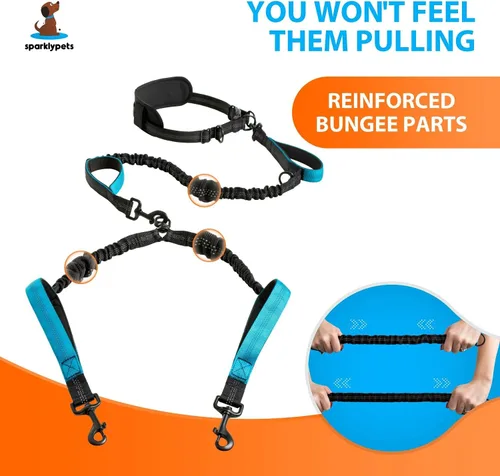 Vista 4 de SparklyPets Correa doble manos libres para perros grandes, sin tirones, sin enredos, asas acolchadas, costuras reflectantes