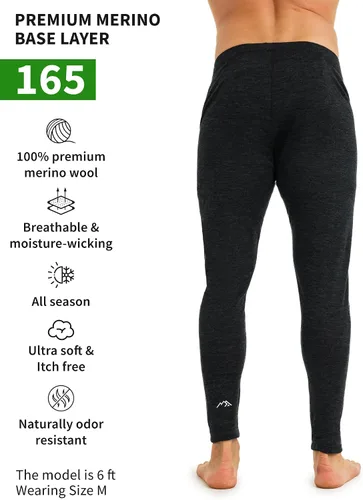 Vista 2 de Pantalones de capa base de lana merina para hombre, 100% lana merina, ligeros, ropa interior térmica de peso medio, pantalones largos + calcetines