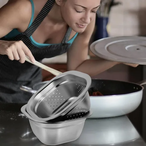 Vista 8 de Zerodeko Juego de cuencos de acero inoxidable para fregadero de cocina cuadrado, cesta de almacenamiento de metal, gran capacidad, fruta, verduras